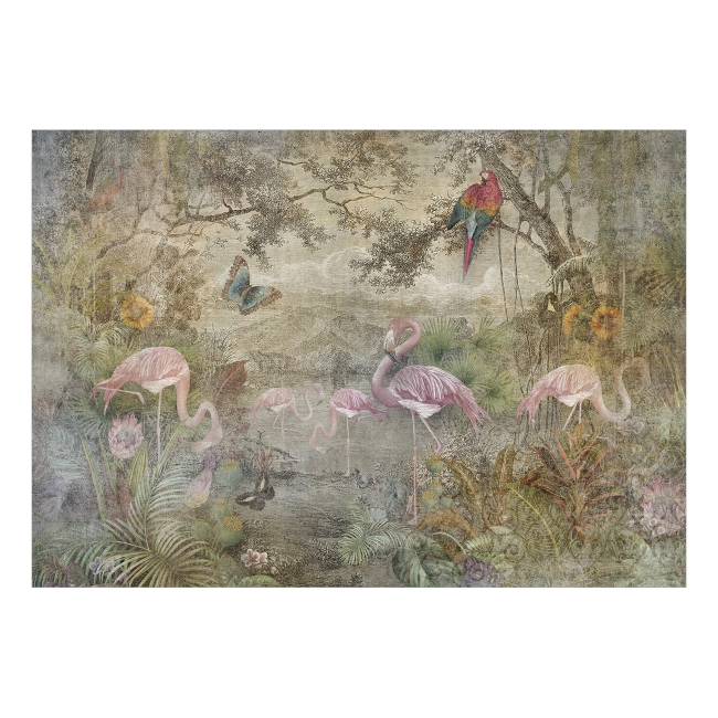 Fototapeta - Zwierzęta Flamingi Papuga Liście