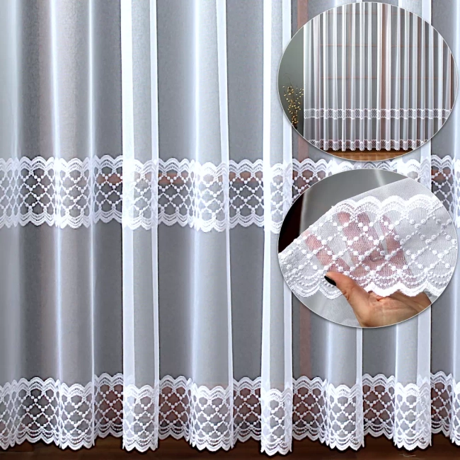 Firana na wymiar SARA – dwa pasy haftu na markizecie, bez prasowania (wzory)