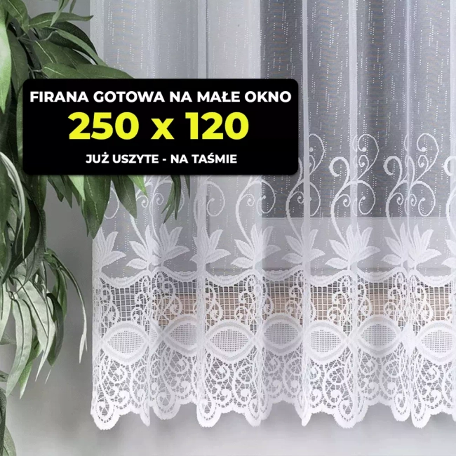 Firana gotowa już uszyta - Krótka do parapetu 250x120 na taśmie - Ostatnia sztuka