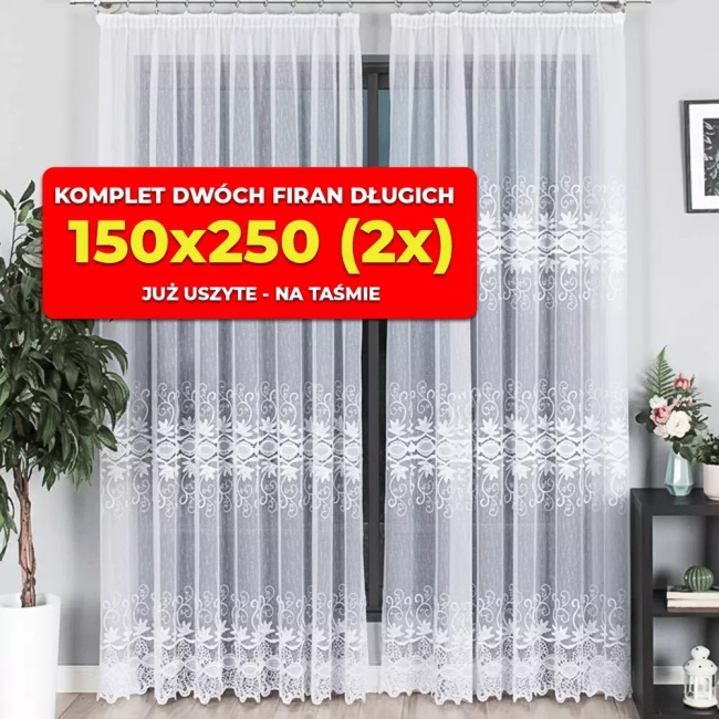 Firany gotowe już uszyte (Komplet) - Balkonowe (2szt) 150x250 na taśmie - Ostatnia sztuka