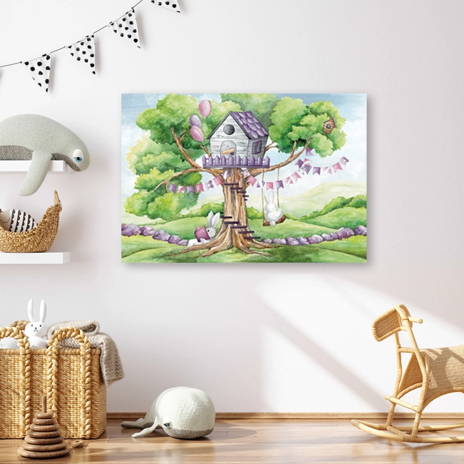 obraz do pokoju dziecka króliczki baloniki domek