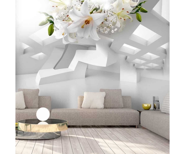 Fototapeta - 3D kwiaty białe abstrakcyjny miraż