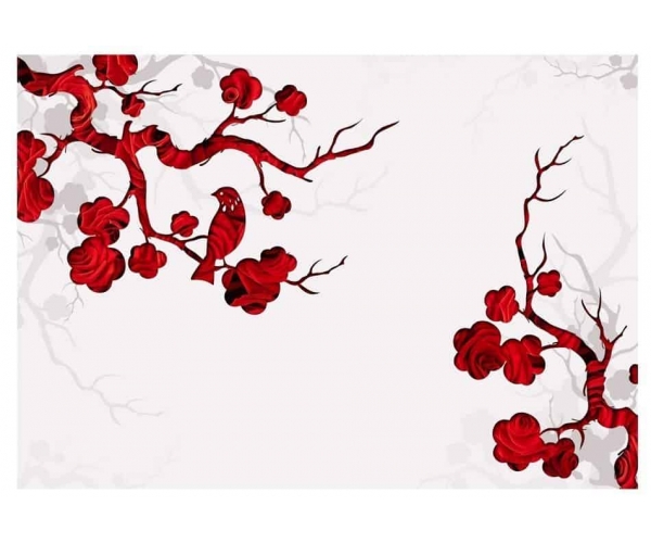 Fototapeta - Czerwone drzewo i ptaszek na białym tle