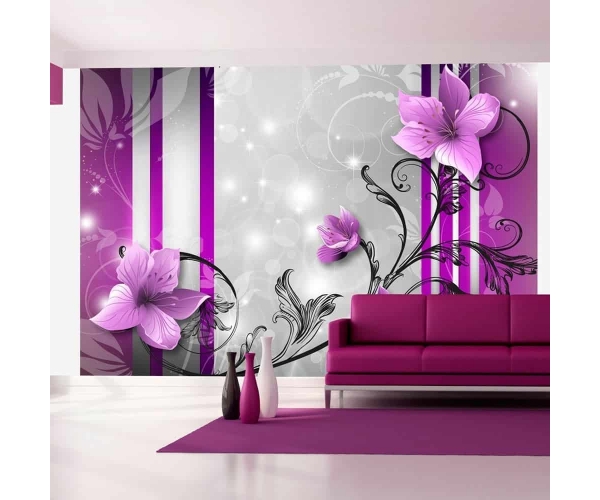 Fototapeta - Fioletowe kwiaty paski na srebrnym tle