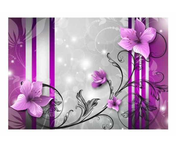 Fototapeta - Fioletowe kwiaty paski na srebrnym tle