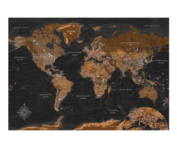 Fototapeta samoprzylepna - Czarno-brązowa stylowa mapa świata z flagami