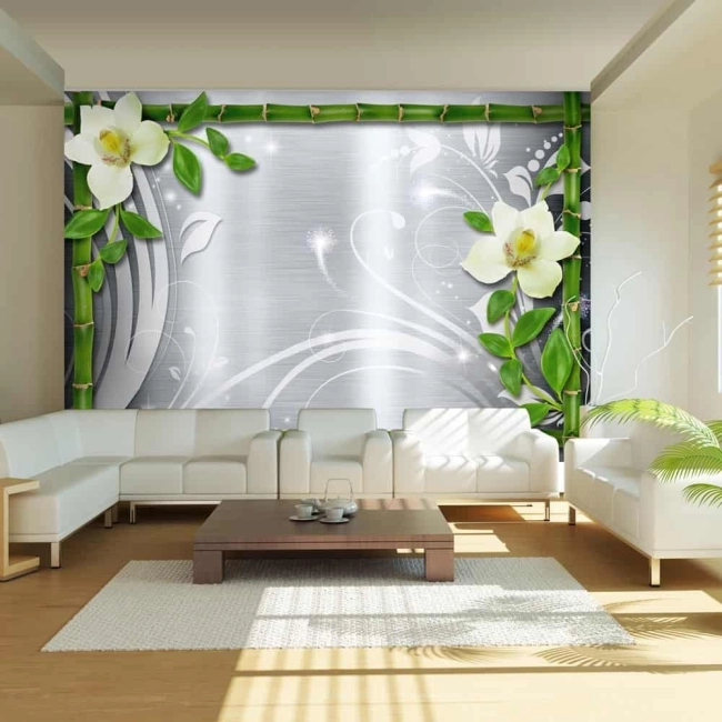 Fototapeta -orchidea bambus zawijasy zielony szary biały