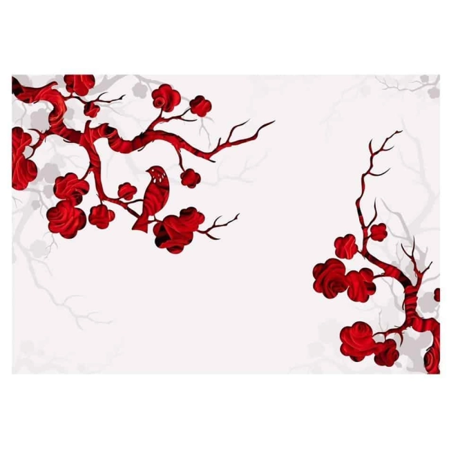 Fototapeta - Czerwone drzewo i ptaszek na białym tle