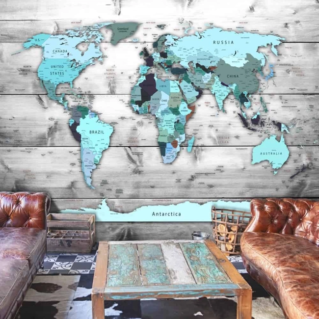 Fototapeta mapa świata deski błękitne kontynenty