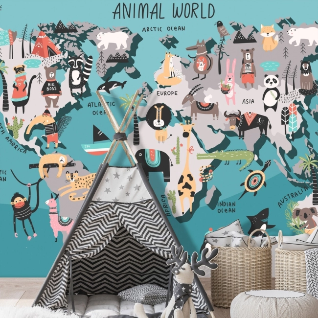 Fototapeta mapa świata zwierzątka mapa zwierząt