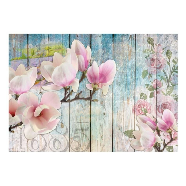 Fototapeta - Różowe kwiaty na drewnie