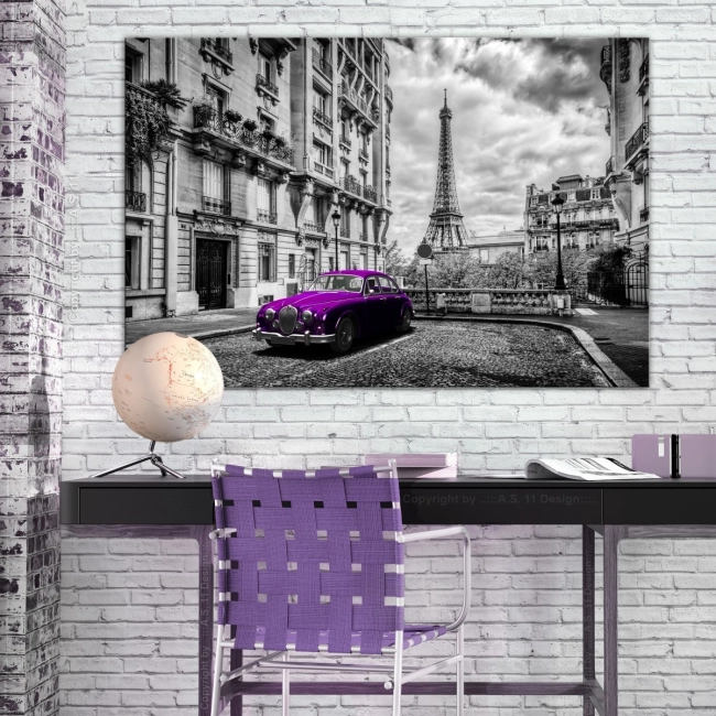Obraz - Auto w Paryżu (1-częściowy) fioletowy szeroki OBRAZ NA PŁÓTNIE WŁOSKIM