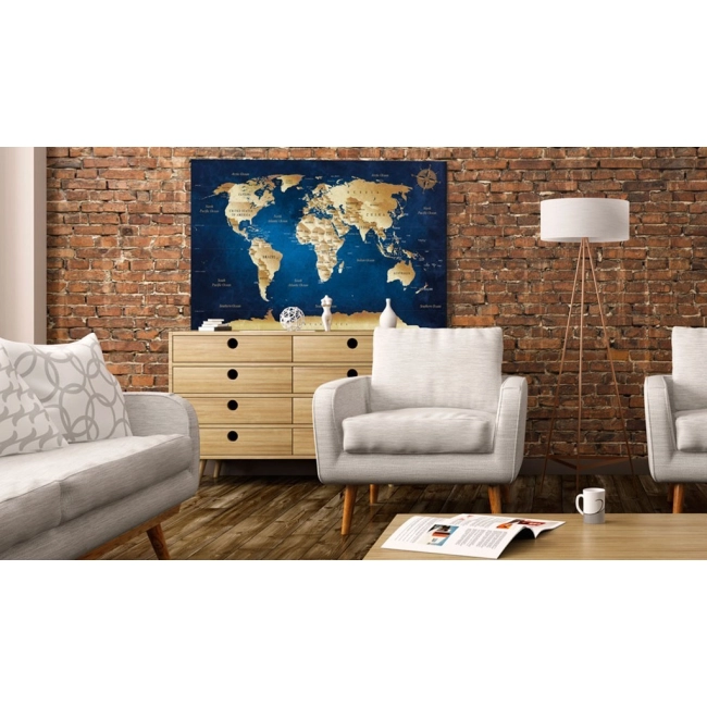 Obraz Mapa Świata Beżowo Granatowa - Duża Mapa do Biura, Salonu, Gabinetu - 120x80