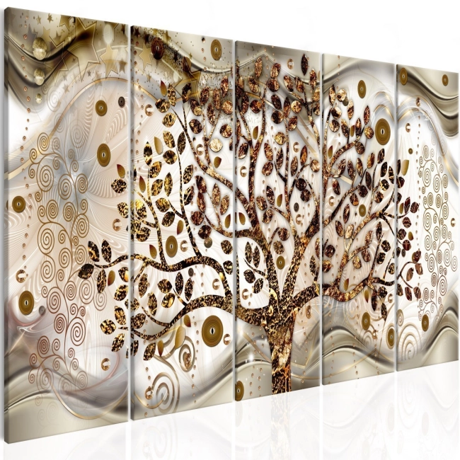 Obraz - Drzewo i fale (5-częściowy) brązowy OBRAZ NA PŁÓTNIE WŁOSKIM