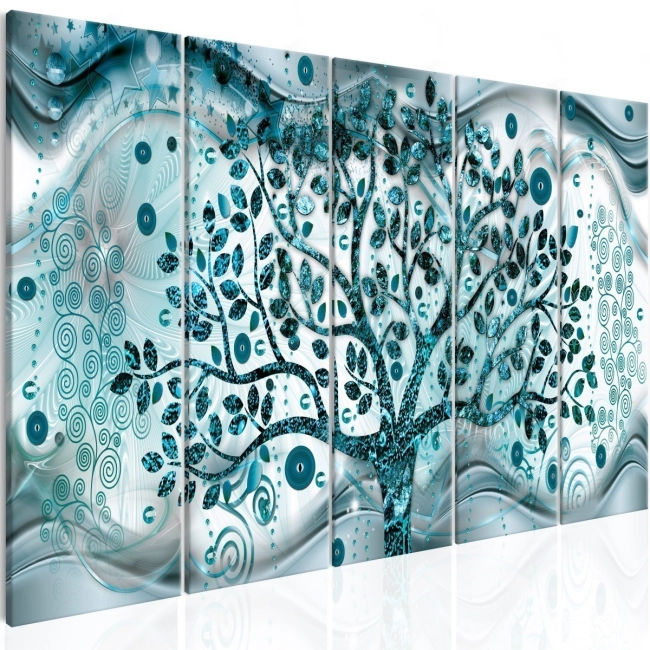 Obraz - Drzewo i fale (5-częściowy) niebieski OBRAZ NA PŁÓTNIE WŁOSKIM