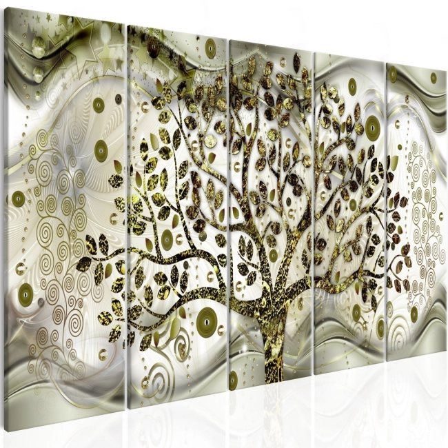 Obraz - Drzewo i fale (5-częściowy) zielony OBRAZ NA PŁÓTNIE WŁOSKIM