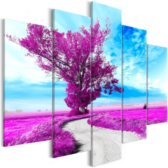 Obraz - Drzewo przy drodze (5-częsciowy) fioletowy OBRAZ NA PŁÓTNIE WŁOSKIM