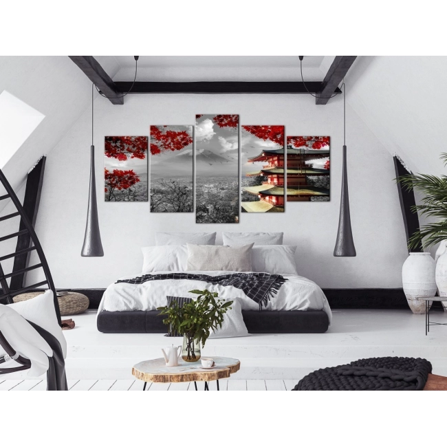 Bardzo duży obraz do Salonu lub Biura 200 x 100cm - 5 częściowy - Japonia, Azja, Góry, Czerwony, Czarny