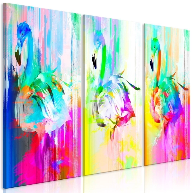 Obraz - Kolorowe flamingi (3-częściowy) OBRAZ NA PŁÓTNIE WŁOSKIM