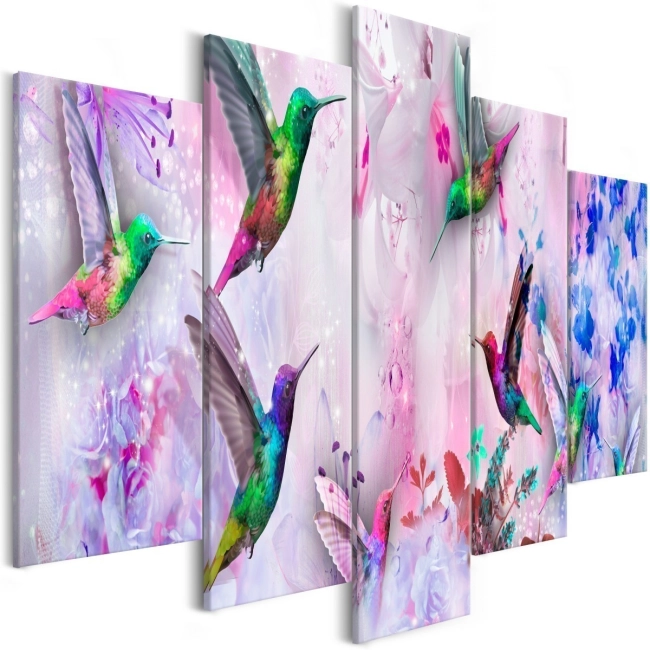 Obraz - Kolorowe kolibry (5-częściowy) szeroki fioletowy OBRAZ NA PŁÓTNIE WŁOSKIM