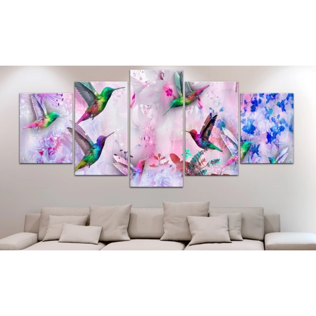 Obraz - Kolorowe kolibry (5-częściowy) szeroki fioletowy OBRAZ NA PŁÓTNIE WŁOSKIM