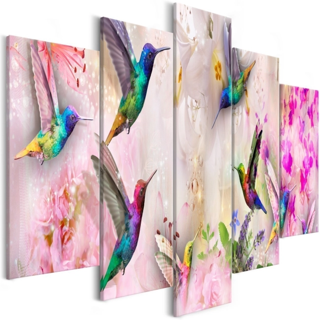 Obraz - Kolorowe kolibry (5-częściowy) szeroki różowy OBRAZ NA PŁÓTNIE WŁOSKIM