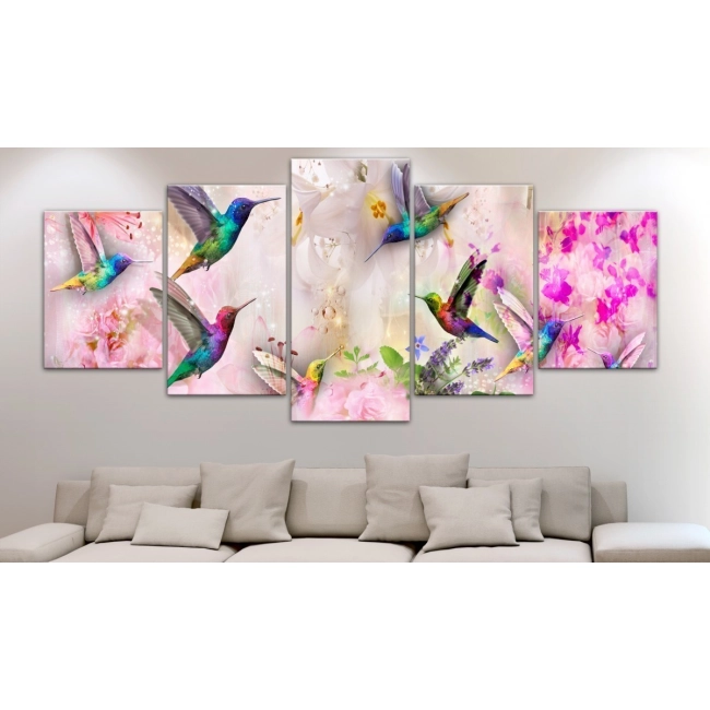 Obraz - Kolorowe kolibry (5-częściowy) szeroki różowy OBRAZ NA PŁÓTNIE WŁOSKIM