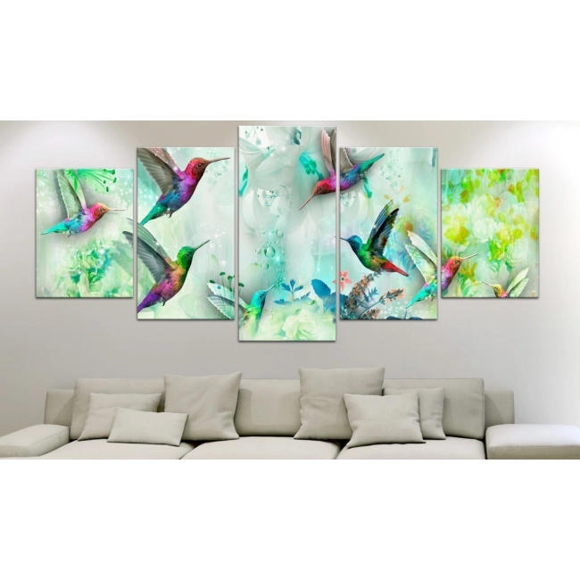 Obraz - Kolorowe kolibry (5-częściowy) szeroki zielony OBRAZ NA PŁÓTNIE WŁOSKIM