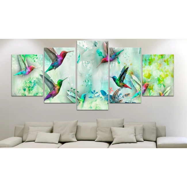 Obraz - Kolorowe kolibry (5-częściowy) szeroki zielony