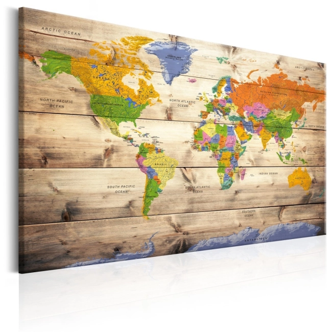 Obraz - Mapa na drewnie: Kolorowe podróże OBRAZ NA PŁÓTNIE WŁOSKIM