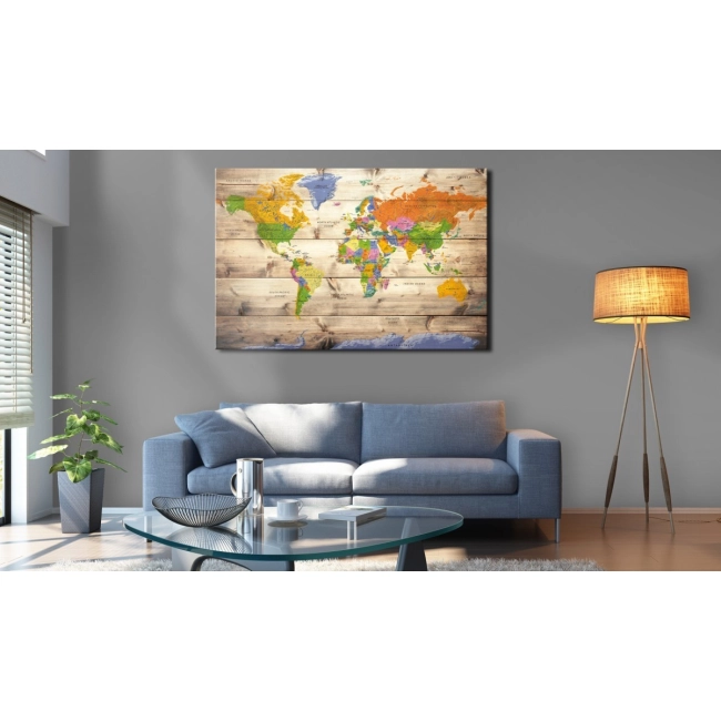 Obraz - Mapa na drewnie: Kolorowe podróże