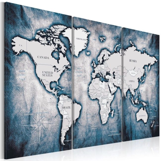 Obraz - Mapa świata: Atramentowy tryptyk OBRAZ NA PŁÓTNIE WŁOSKIM