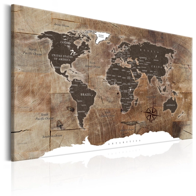 Obraz - Mapa świata: Drewniana mozaika OBRAZ NA PŁÓTNIE WŁOSKIM
