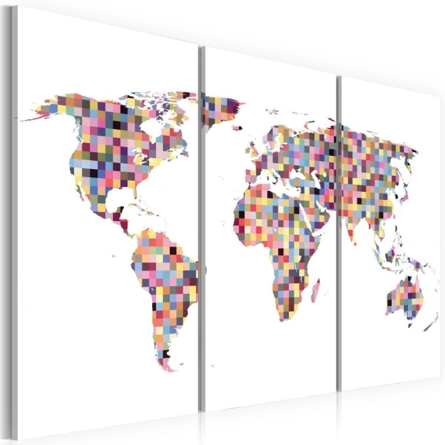 Obraz - Mapa świata - piksele - tryptyk OBRAZ NA PŁÓTNIE WŁOSKIM
