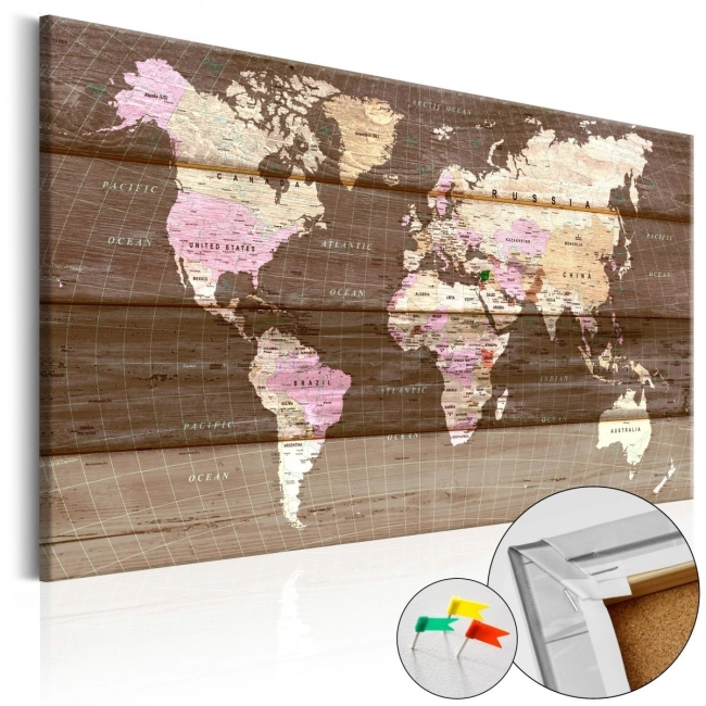Obraz na korku -drewniane tło mapa świata