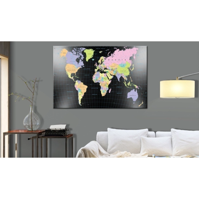 Obraz na korku -pastelowe kolory i czarne tło mapa świata