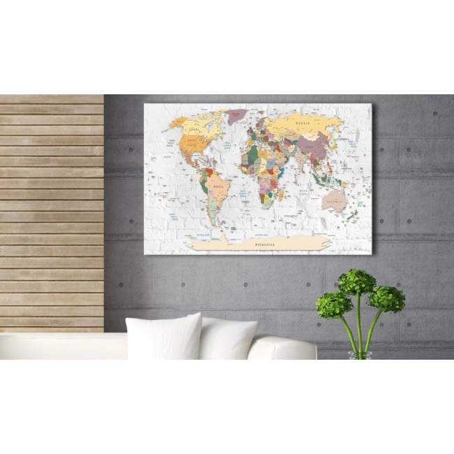 Obraz na korku mapa świata na cegłach mur