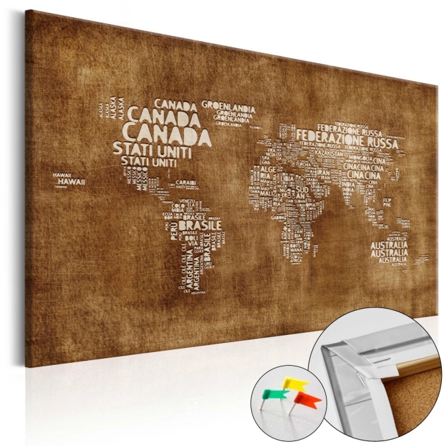 Obraz na korku brązowa mapa świata napisy państwa