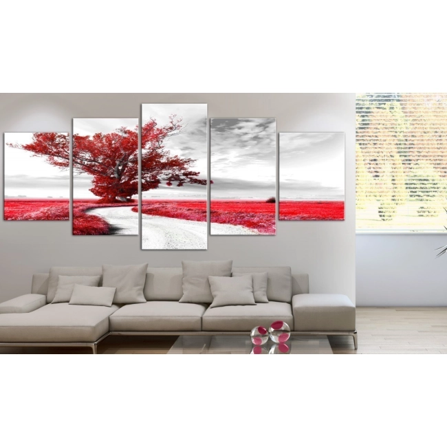 Obraz - Samotne Drzewo (5-częsciowy) czerwony OBRAZ NA PŁÓTNIE WŁOSKIM