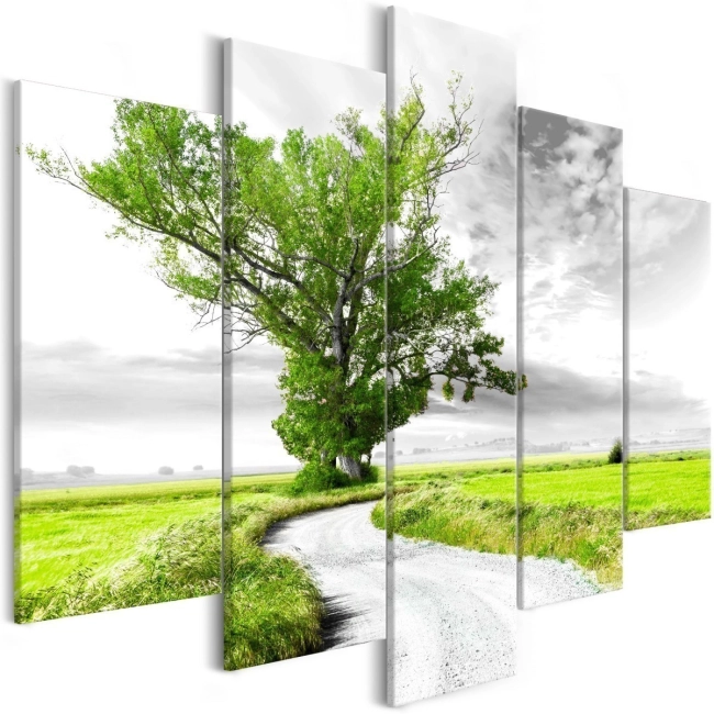Obraz - Samotne Drzewo (5-częsciowy) zielony OBRAZ NA PŁÓTNIE WŁOSKIM