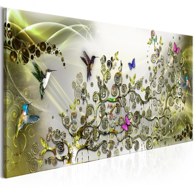 Obraz - Taniec kolibrów (1-częściowy) zielony wąski OBRAZ NA PŁÓTNIE WŁOSKIM