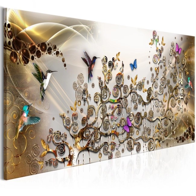 Obraz - Taniec kolibrów (1-częściowy) złoty wąski OBRAZ NA PŁÓTNIE WŁOSKIM