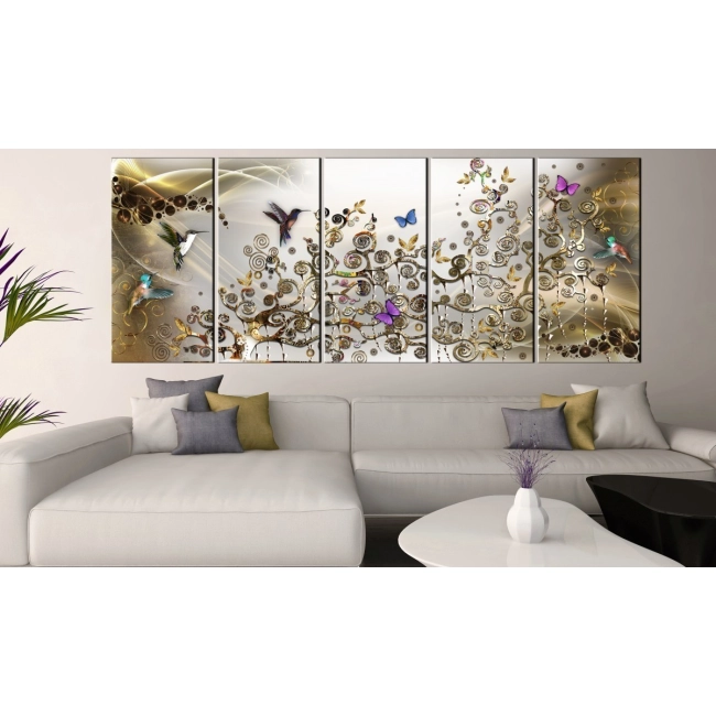 Obraz - Taniec kolibrów (5-częściowy) złoty wąski OBRAZ NA PŁÓTNIE WŁOSKIM