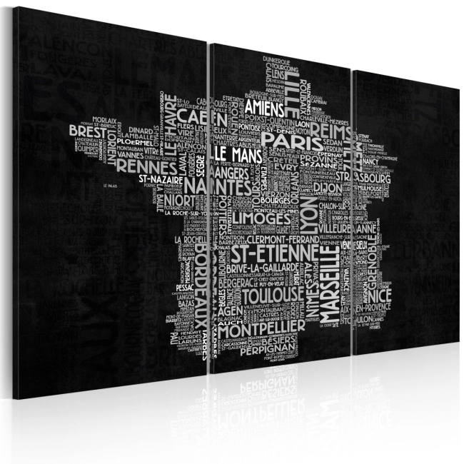 Obraz - Text map of France on the black background - triptych OBRAZ NA PŁÓTNIE WŁOSKIM