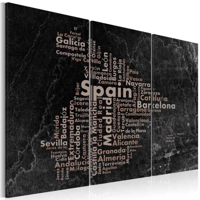Obraz - Text map of Spain on the blackboard - triptych OBRAZ NA PŁÓTNIE WŁOSKIM