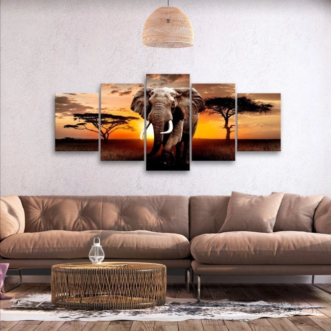 Obraz - Wędrówka słonia (5-częściowy) szeroki OBRAZ NA PŁÓTNIE WŁOSKIM