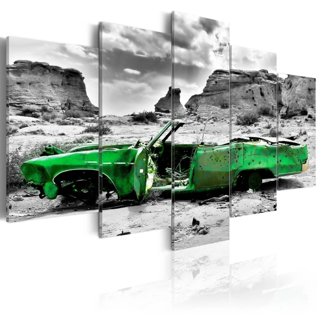 Obraz - Zielony samochód w stylu retro na Pustyni Kolorado OBRAZ NA PŁÓTNIE WŁOSKIM