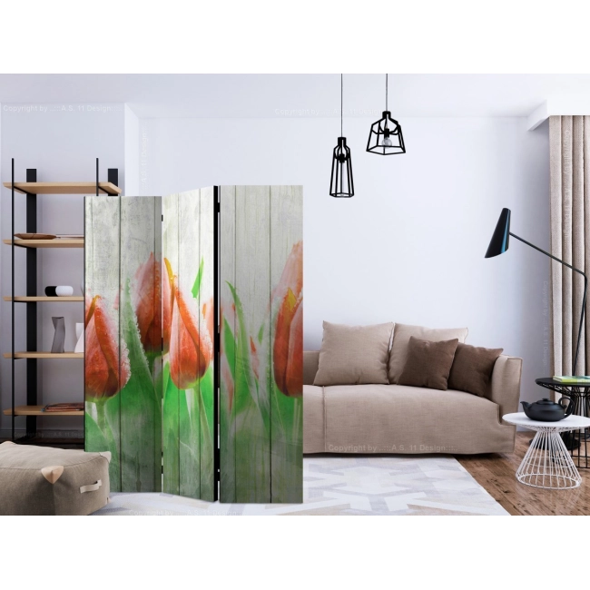 Parawan 3-częściowy - Czerwone tulipany na drewnie [Room Dividers]