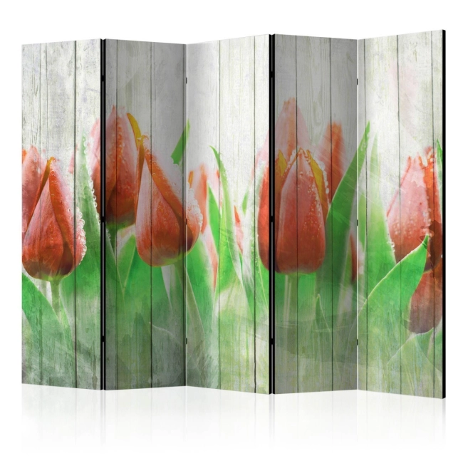 Parawan 5-częściowy - Czerwone tulipany na drewnie [Room Dividers]