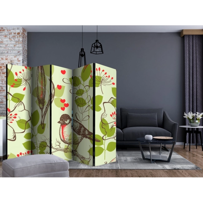 Parawan 5-częściowy - Ptak i lilie - motyw vintage II [Room Dividers]